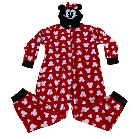 Disney Minnie Mouse One Piece Pajama XL Red Ears Hooded Fleece Sleeper Polka Dot - Picture 1 of 10